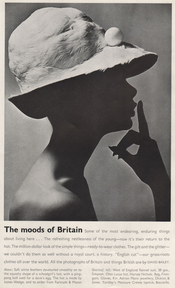 David Bailey photo. Hat by James Wedge. Fashion. BRITISH VOGUE 1963 old print